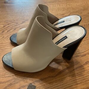 French Connection Cream and Black Mules with 4 inch heel size 9.5